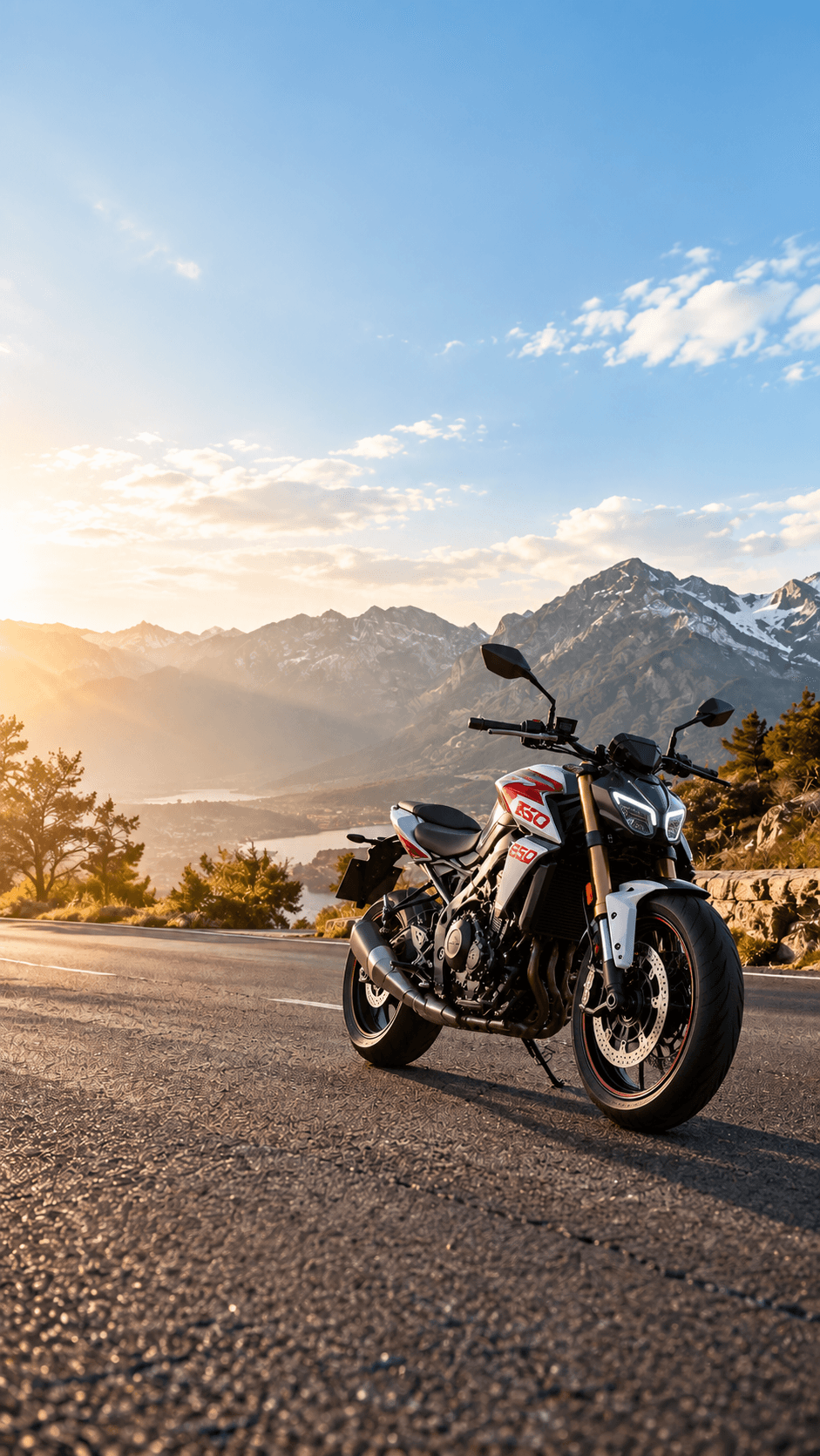 Street motorcycle on a mountain road at sunrise — New Pak Trading Company