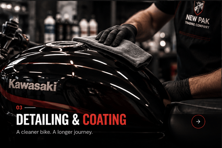 Paint correction and ceramic coating on a Kawasaki fuel tank at New Pak Trading Company