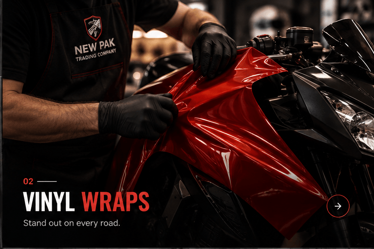 New Pak technician applying a red full-body vinyl wrap in the workshop