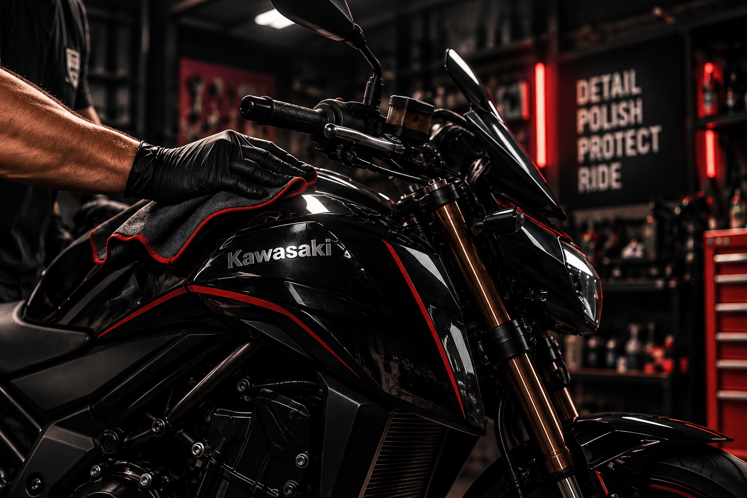 Detailer with black gloves wiping a glossy Kawasaki motorcycle fuel tank to a mirror finish