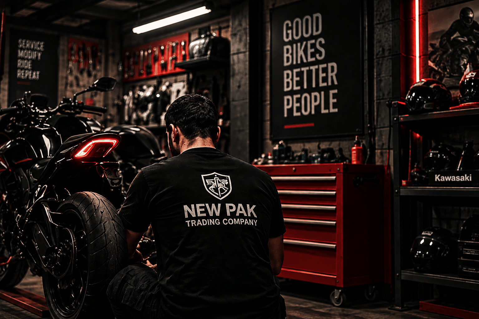 New Pak Trading Company mechanic in the workshop with Good Bikes Better People sign